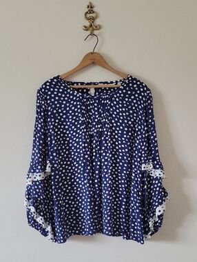 Soft Surroundings Sonrisa Blue Polka Dot Ruffle 3/4 Sleeve Blouse Size Large